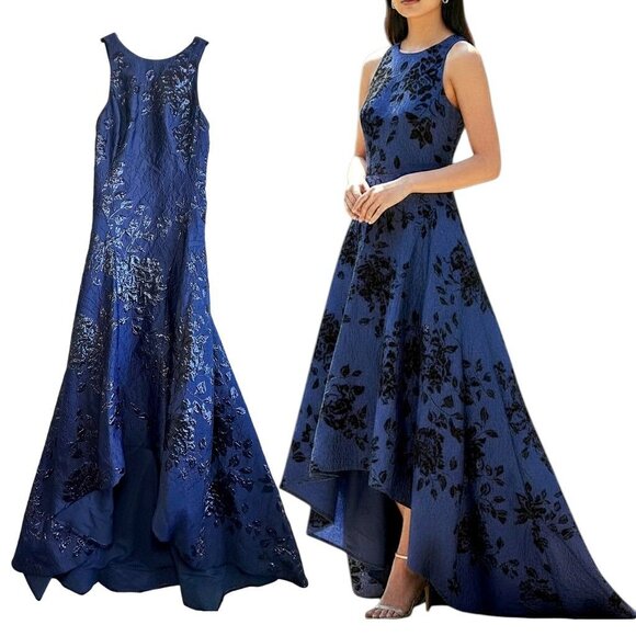 Teri Jon Rickie Freeman Blue Black Floral Jacquard High Low Gown Size 2 Dress - Picture 1 of 12